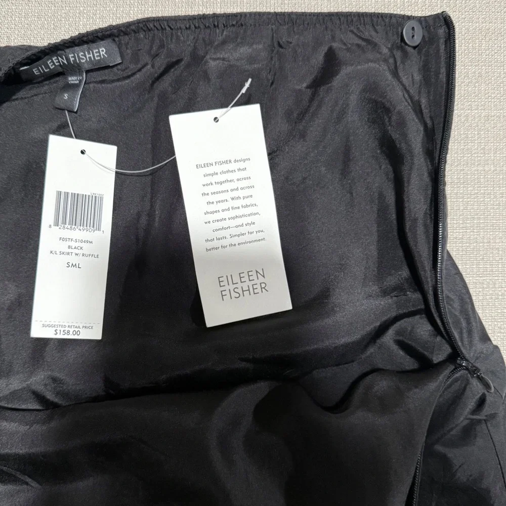 Eileen Fisher 100% Silk Taffeta Ruffle Hem Knee Length Skirt Black Washed Small